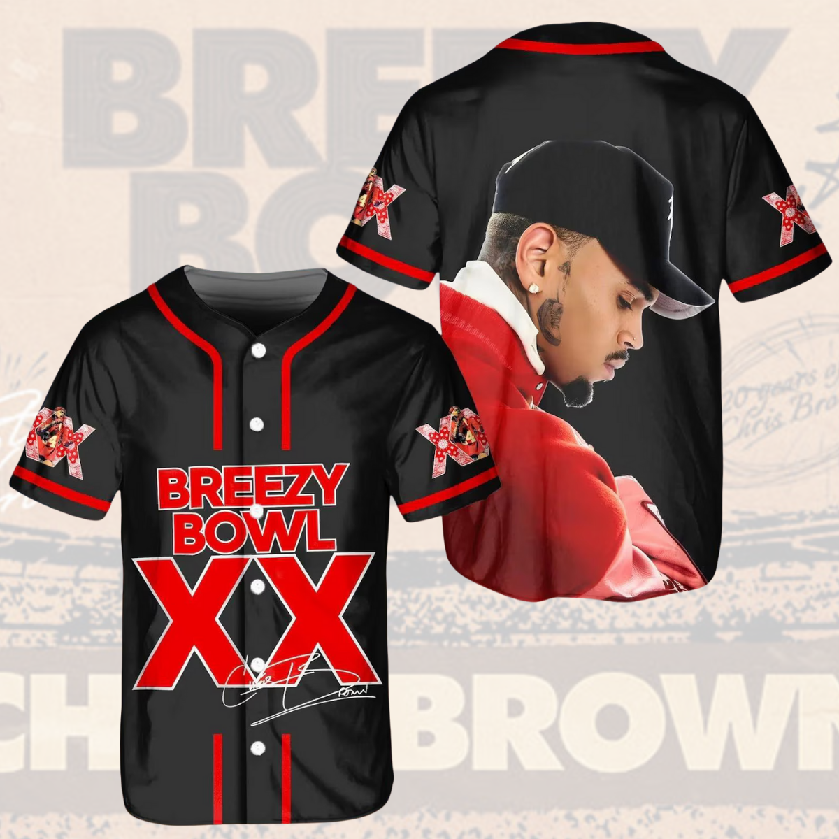 Chris Brown Tour Baseball Jersey, Breezy Bowl XX Music Tour 2025 Baseball Jersey - Image 3