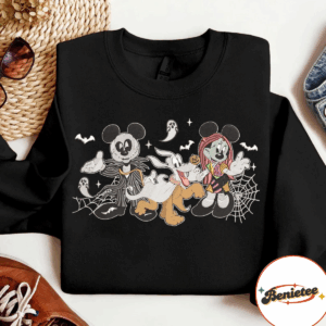Embroidered Mickey Minnie Jack Skellington Sally Halloween Sweatshirt, The Nightmare Before Christmas Disneyland Embroidery Shirt
