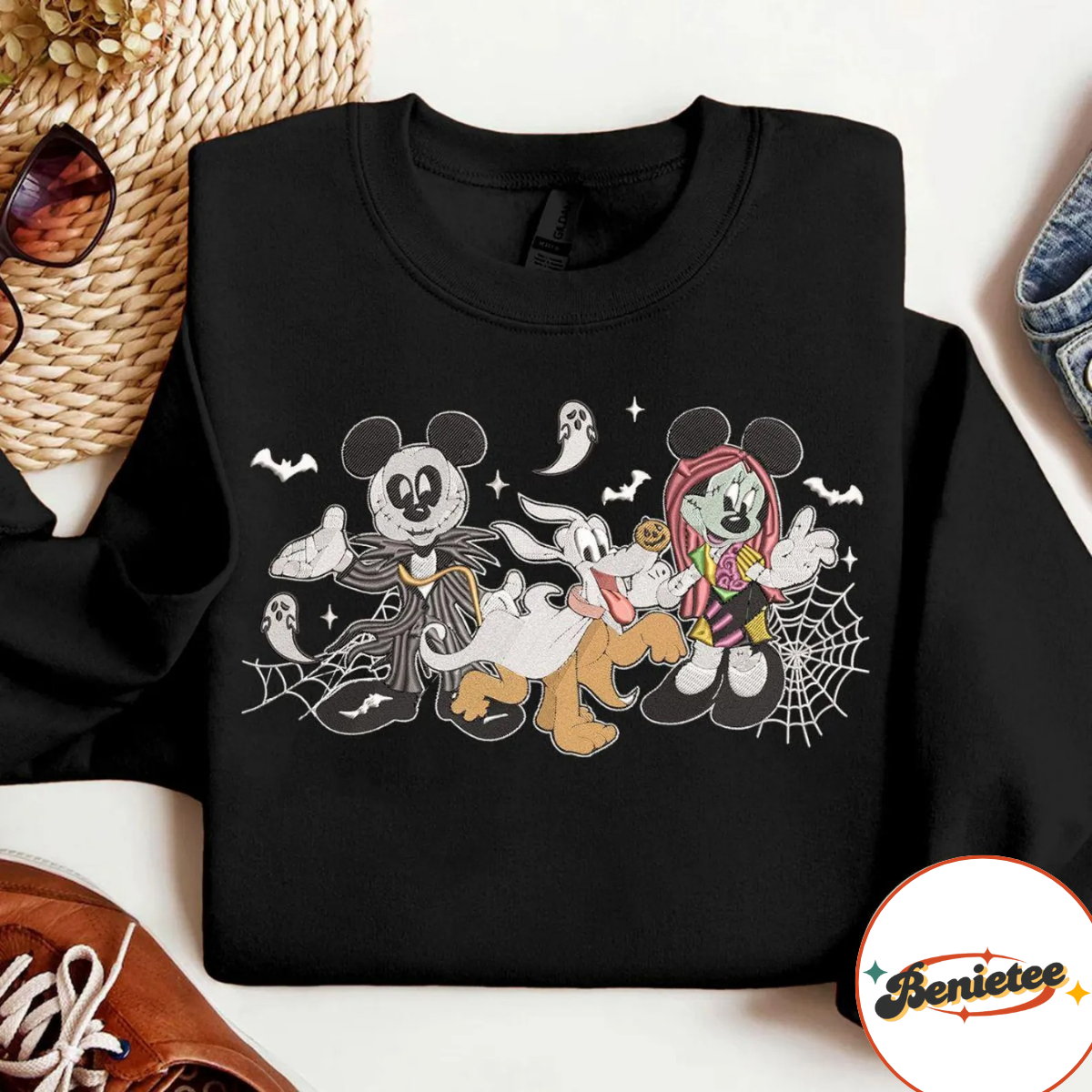 Embroidered Mickey Minnie Jack Skellington Sally Halloween Sweatshirt, The Nightmare Before Christmas Disneyland Embroidery Shirt