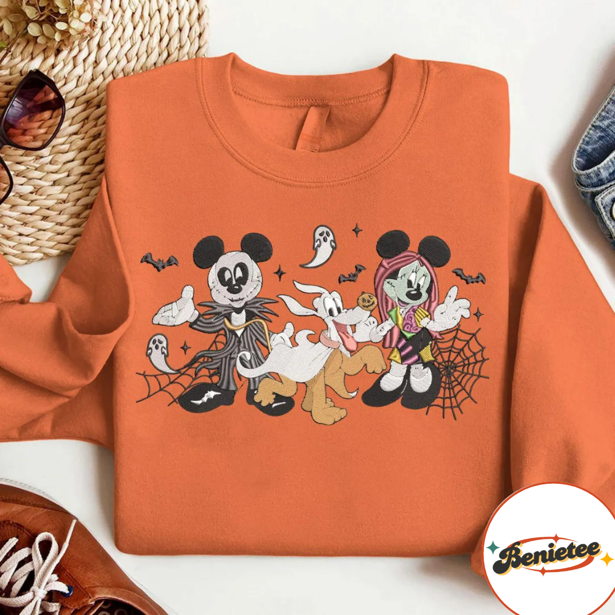 Embroidered Mickey Minnie Jack Skellington Sally Halloween Sweatshirt, The Nightmare Before Christmas Disneyland Embroidery Shirt - Image 2