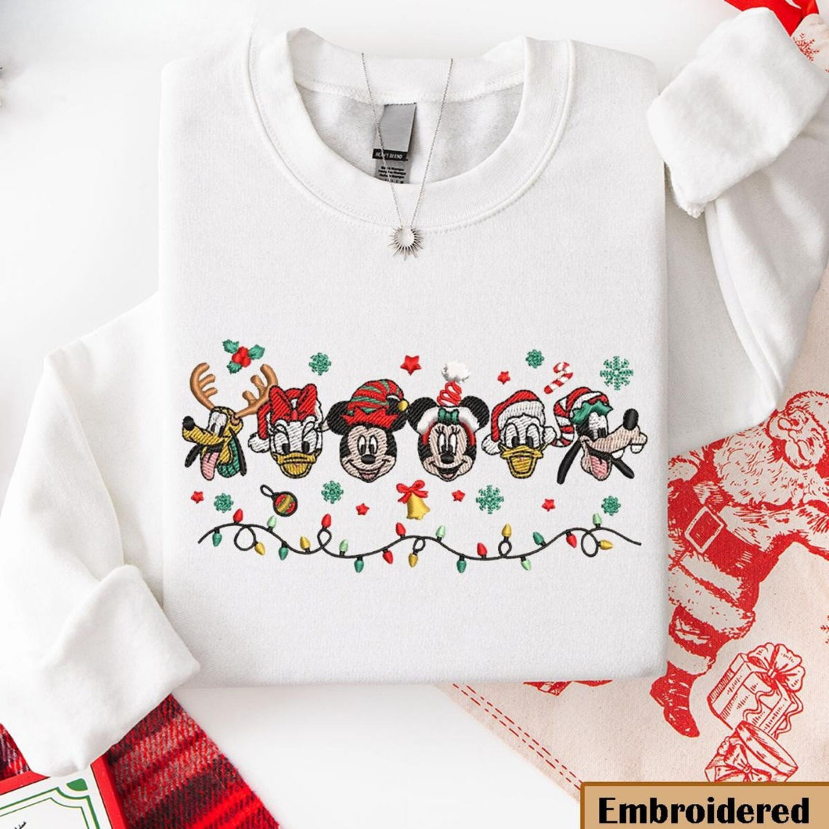 Embroidered Mickey And Friends Lights Christmas Sweatshirt, Mouse Holiday Gift Sweatshirt