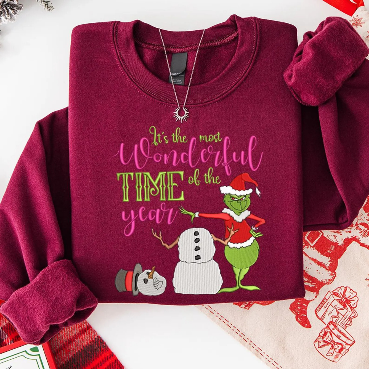 Embroidered Grinch Christmas Sweatshirt, It's The Most Wonderful Time Of The Year Christmas Sweatshirt - Image 4