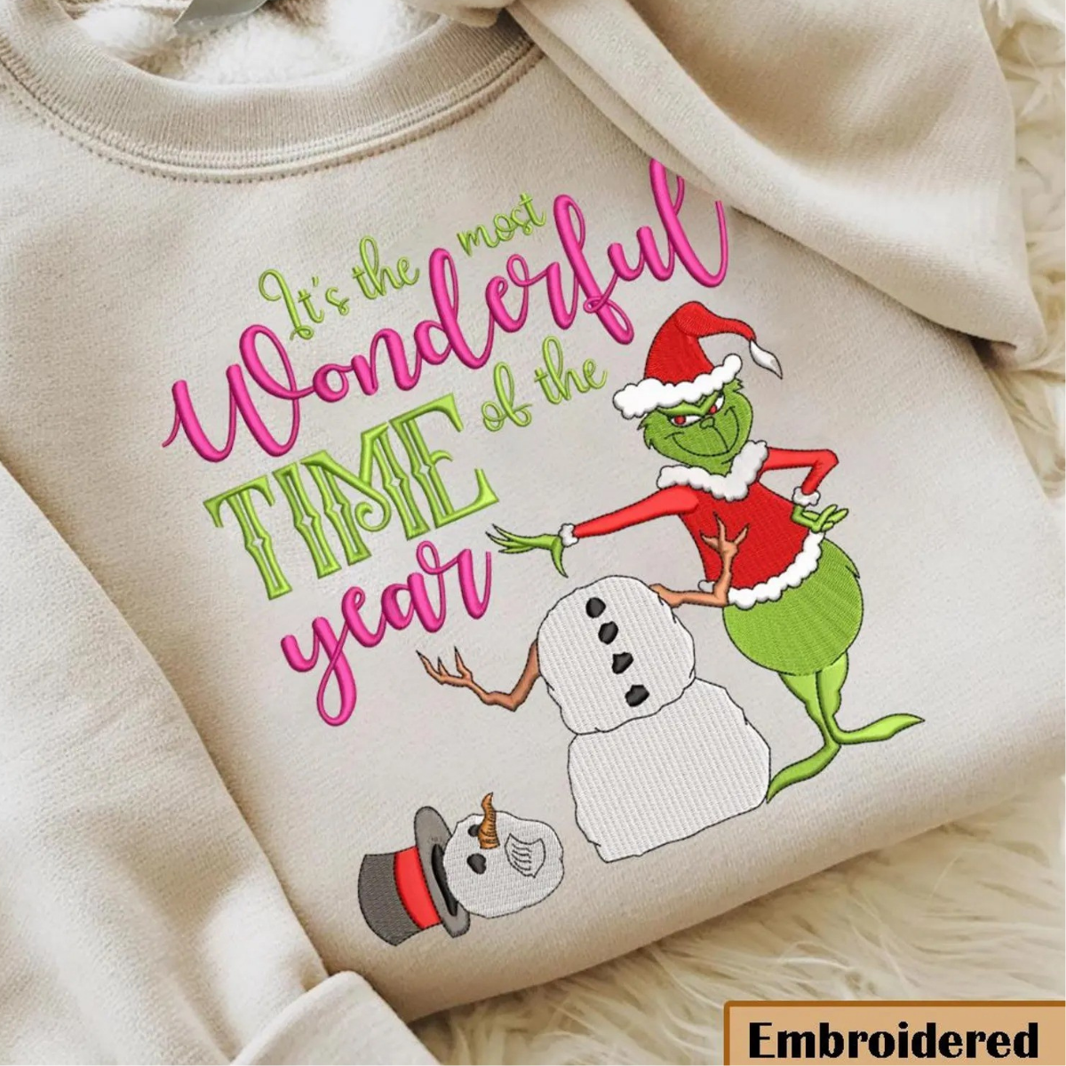 Embroidered Grinch Christmas Sweatshirt, It's The Most Wonderful Time Of The Year Christmas Sweatshirt - Image 3