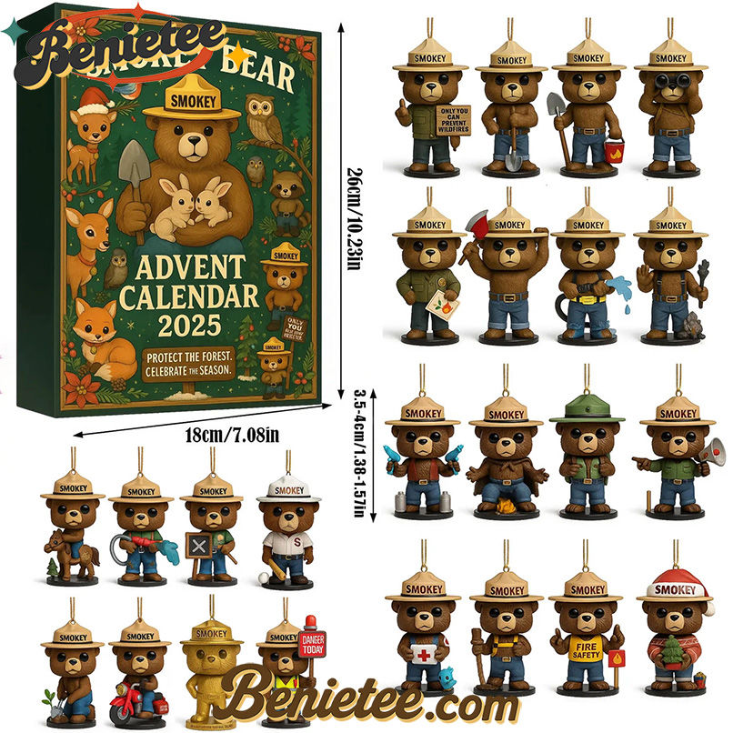 Smokey Bear Advent Calendar 2025, Christmas Countdown Advent Calendar Gift Box with 24 Acrylic Ornaments - Image 2