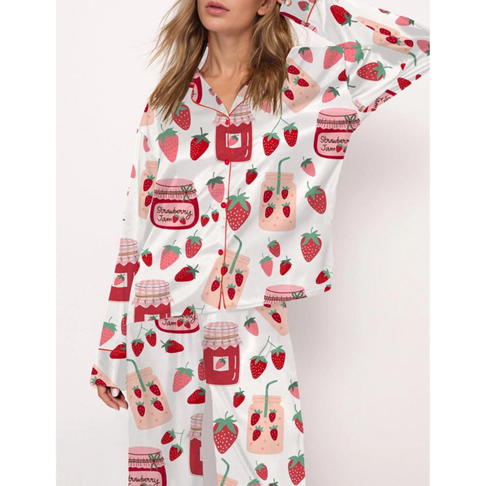 Strawberry Satin Pajama Set For Women - Image 2