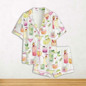 Summer Cocktail Wine Lovers Old Fashioned Short Sleeve Satin Pajama Set For Women