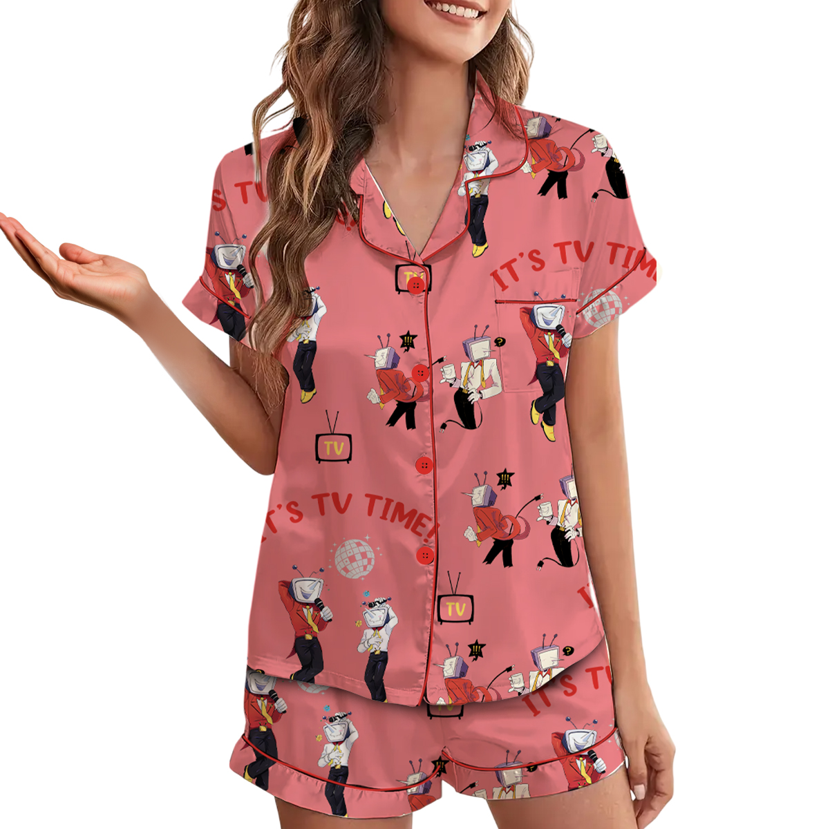 Tenna Deltarune ITS TV TIME Game Pajamas Set Short, Comfortable Stylish T-Shirt for Fans of Tenna Deltarune Loungewear Nightwear Women's Casual Tee