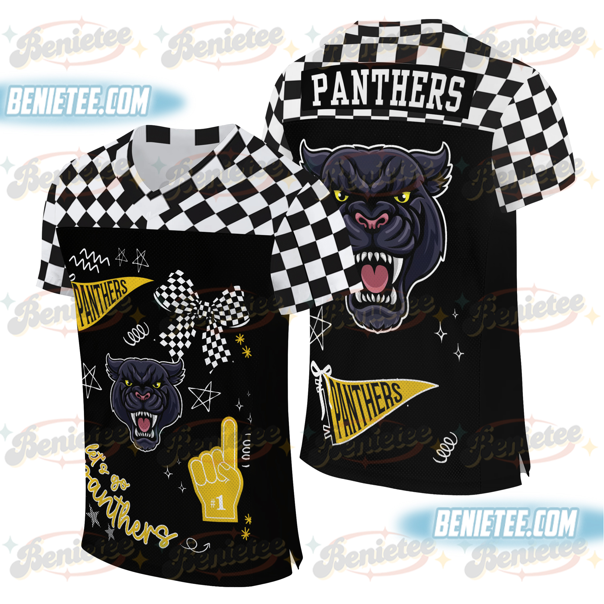Panthers Preppy Mascot Football Jersey, Black and Yellow Gold Team Spirits, School Mascots
