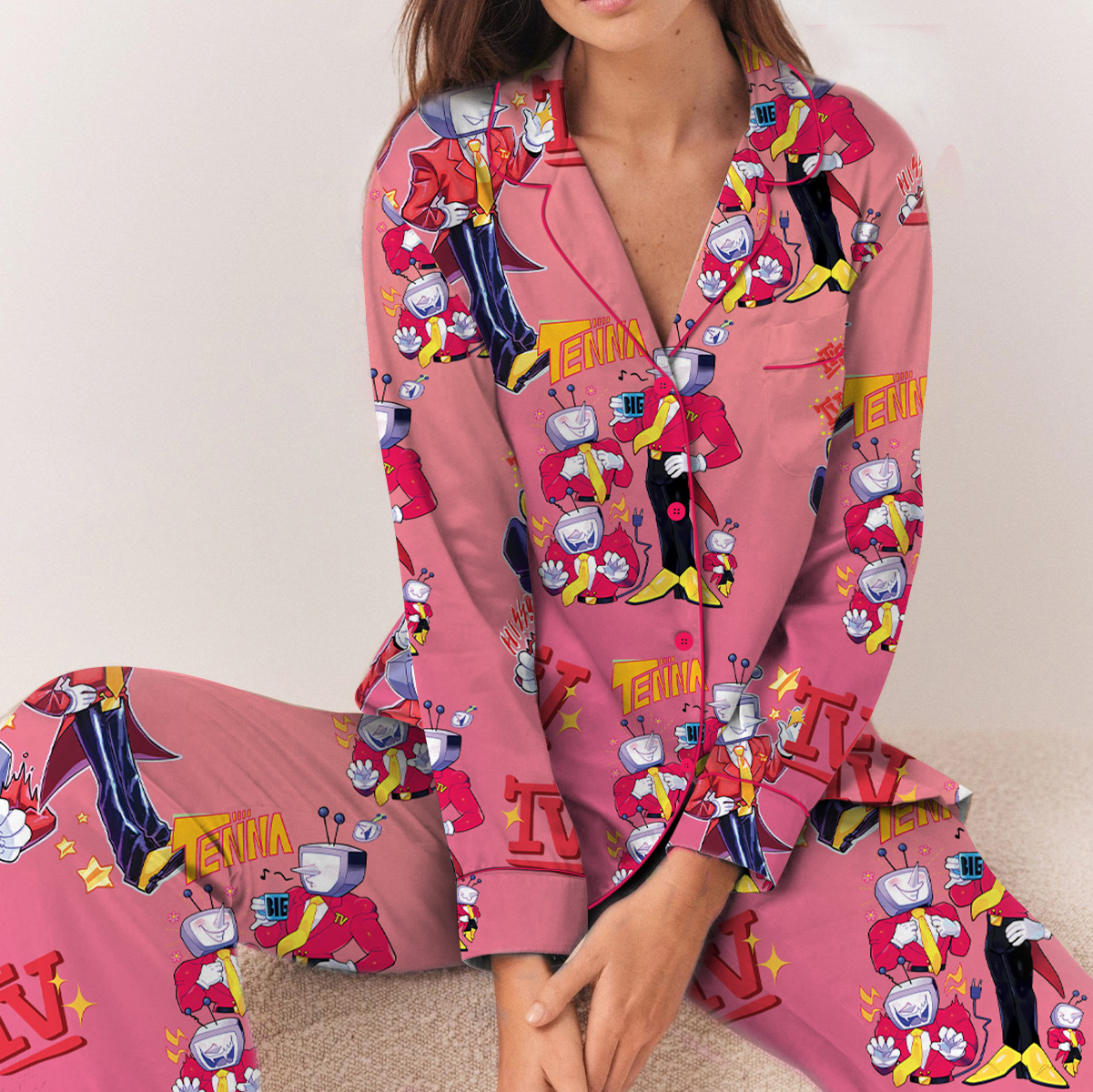 Tenna Deltarune Game Matching Long Pajamas Set, Kris, Tenna, Berdly, Ralsei, Starwalker It’s TV Time Pajamas Set - Image 2