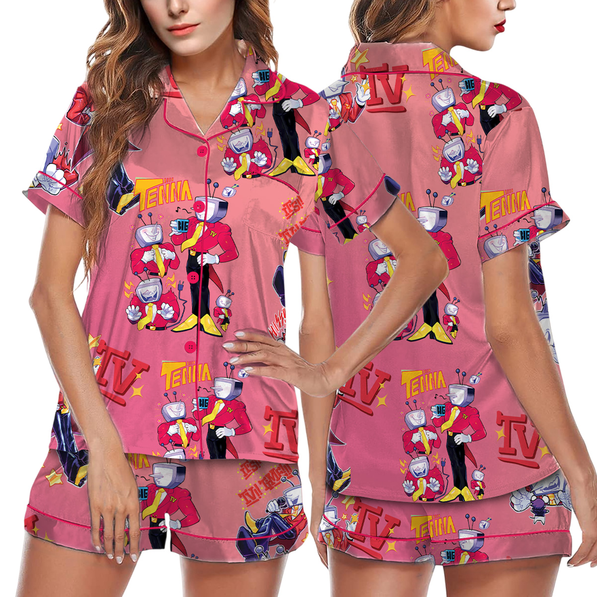 Tenna Deltarune Game Matching Pajamas Set Short, Kris, Tenna, Berdly, Ralsei, Starwalker It’s TV Time Pajamas Set