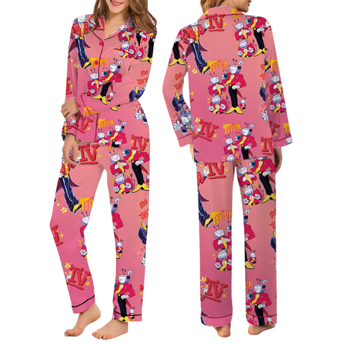 Tenna Deltarune Game Matching Long Pajamas Set, Kris, Tenna, Berdly, Ralsei, Starwalker It’s TV Time Pajamas Set - Image 3