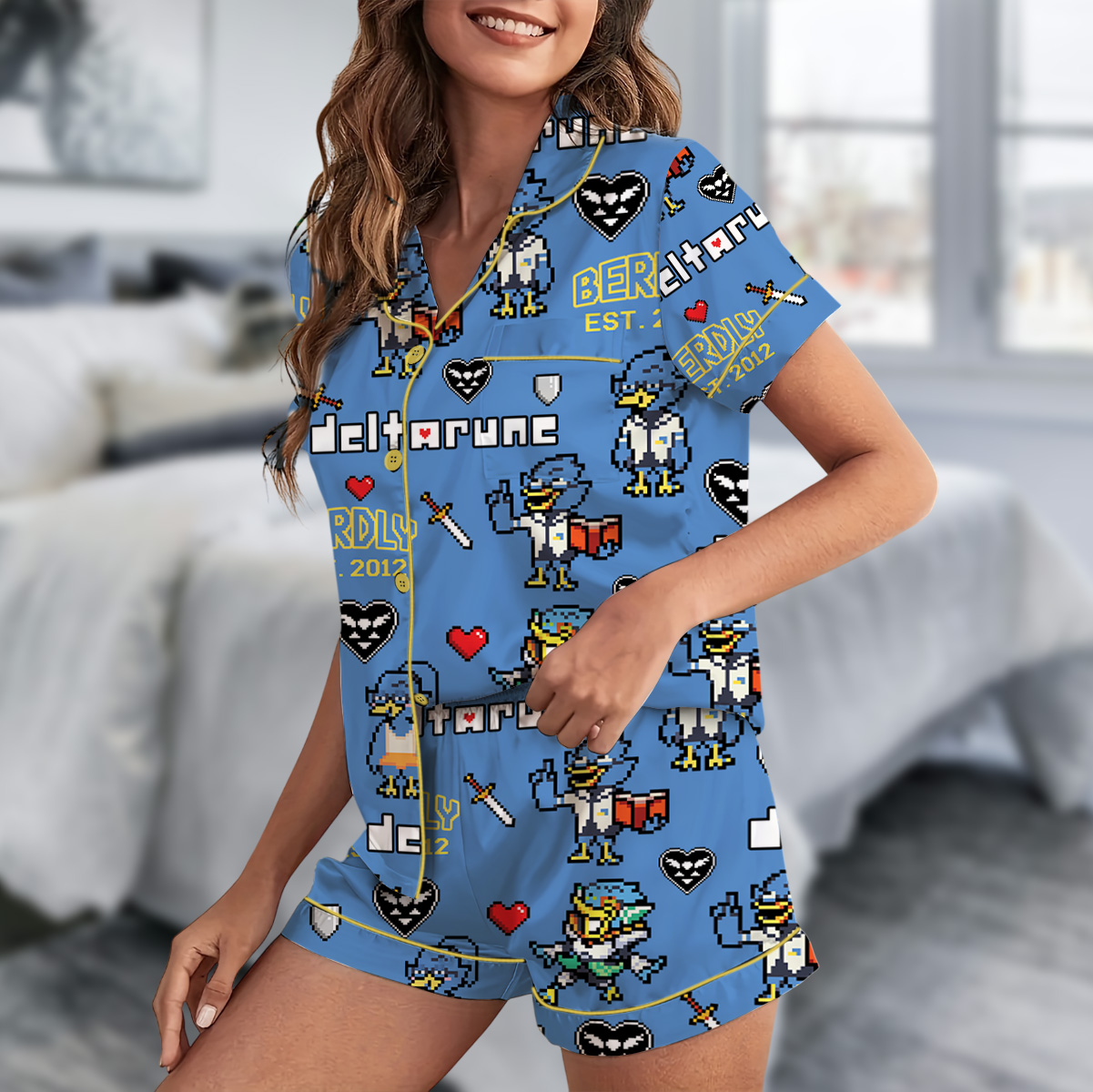 Berdly Deltarune Game Short Pajamas Set, Berdly It’s TV Time Meme Tee, DTG Video Game, Unisex Gamer Matching Gift Shirt - Image 2