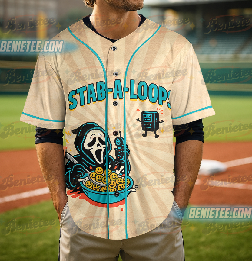 Stab-A-Loops Horror Cereal Box Halloween Jersey, Spooky Cereal Box Shirt, Killer Breakfast Halloween Tee, Slashers Crunch Graphic T-Shirt - Image 2