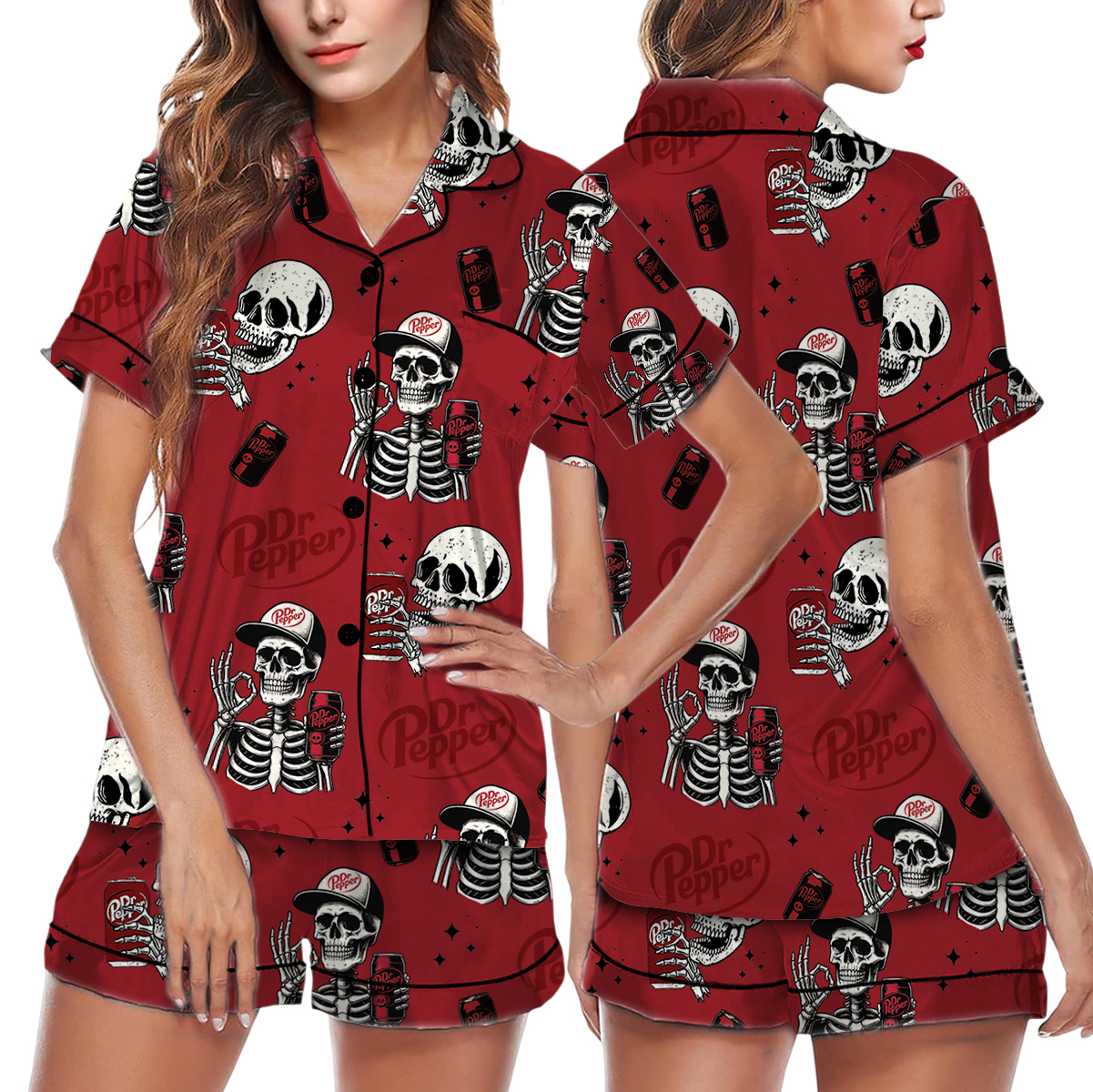 Dr Pepper Skull Pajamas Set Short, Funny Halloween Set, Skull Sweater, Halloween Shirt, Halloween Skeleton Shirt - Image 2
