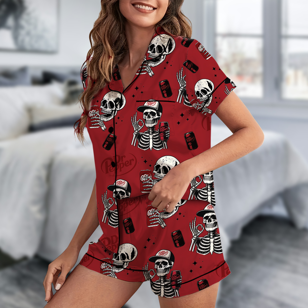 Dr Pepper Skull Pajamas Set Short, Funny Halloween Set, Skull Sweater, Halloween Shirt, Halloween Skeleton Shirt - Image 3