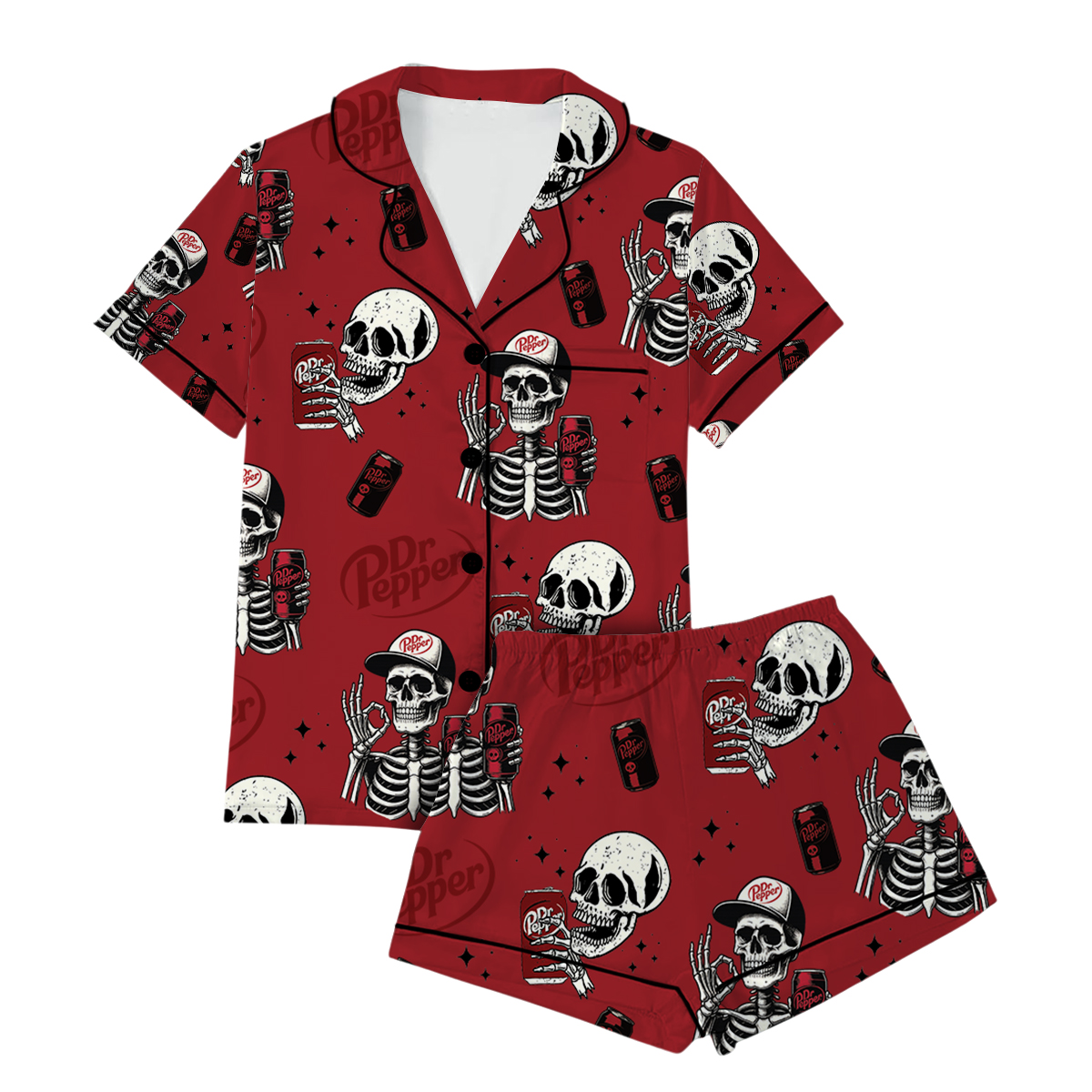 Dr Pepper Skull Pajamas Set Short, Funny Halloween Set, Skull Sweater, Halloween Shirt, Halloween Skeleton Shirt