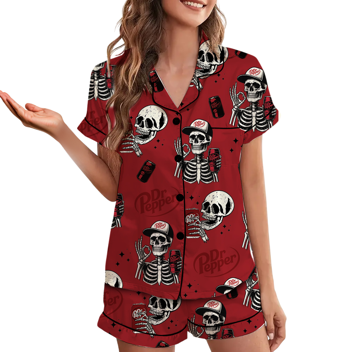 Dr Pepper Skull Pajamas Set Short, Funny Halloween Set, Skull Sweater, Halloween Shirt, Halloween Skeleton Shirt - Image 4