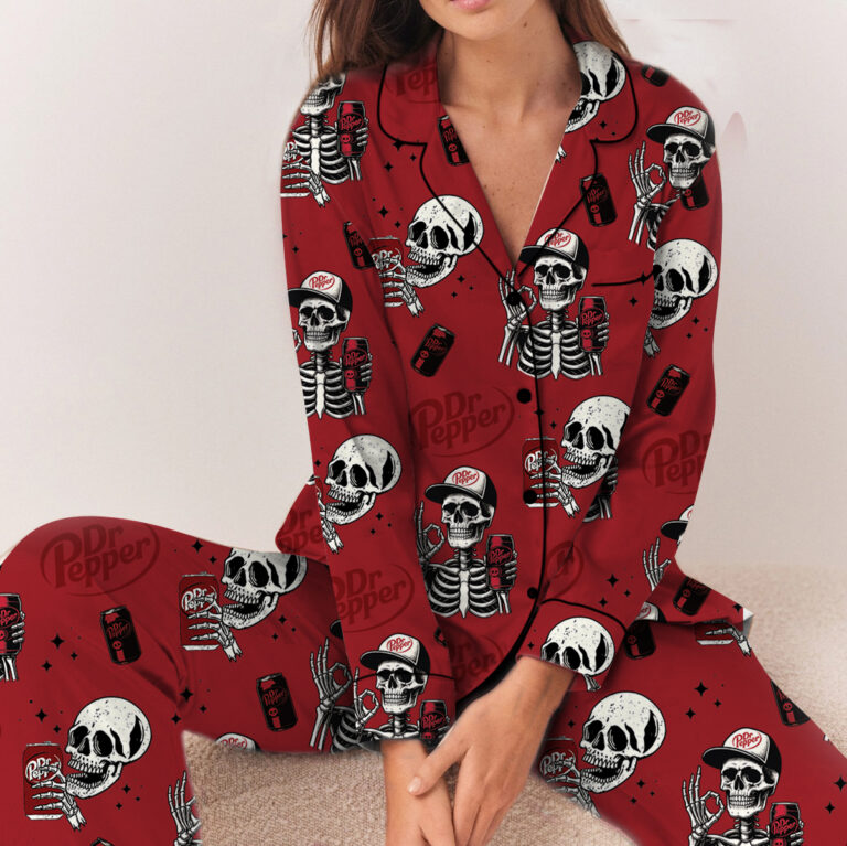Dr Pepper Skull Pajamas Set Long, Funny Halloween Set, Skull Sweater, Halloween Shirt, Halloween Skeleton Shirt