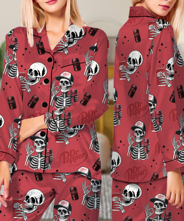 Alternative view of Dr Pepper Skull Pajamas Set Long, Funny Halloween Set, Skull Sweater, Halloween Shirt, Halloween Skeleton Shirt