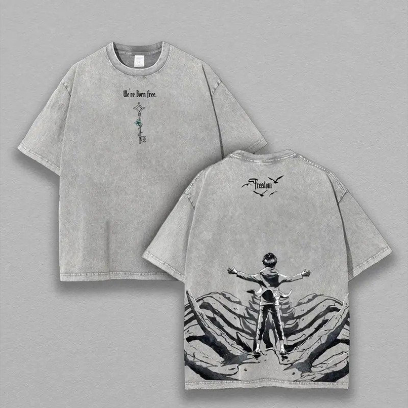 The Key to Freedom - Attack on Titan Vintage Washed Oversize Anime Tee Anime Double Printed Lightweight Acid Washed Tee shirts men Menswear Top