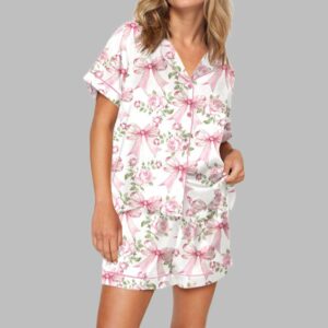 Trendy Pink Coquette Bow Floral Pajama Set For Women