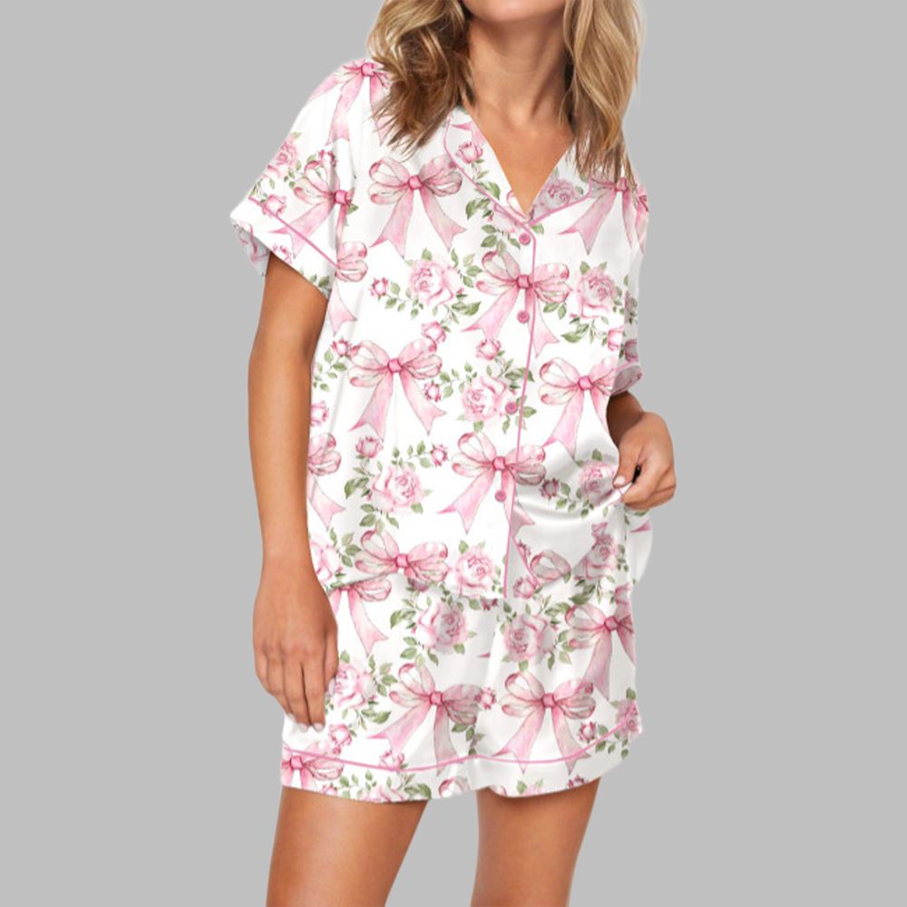 Trendy Pink Coquette Bow Floral Pajama Set For Women