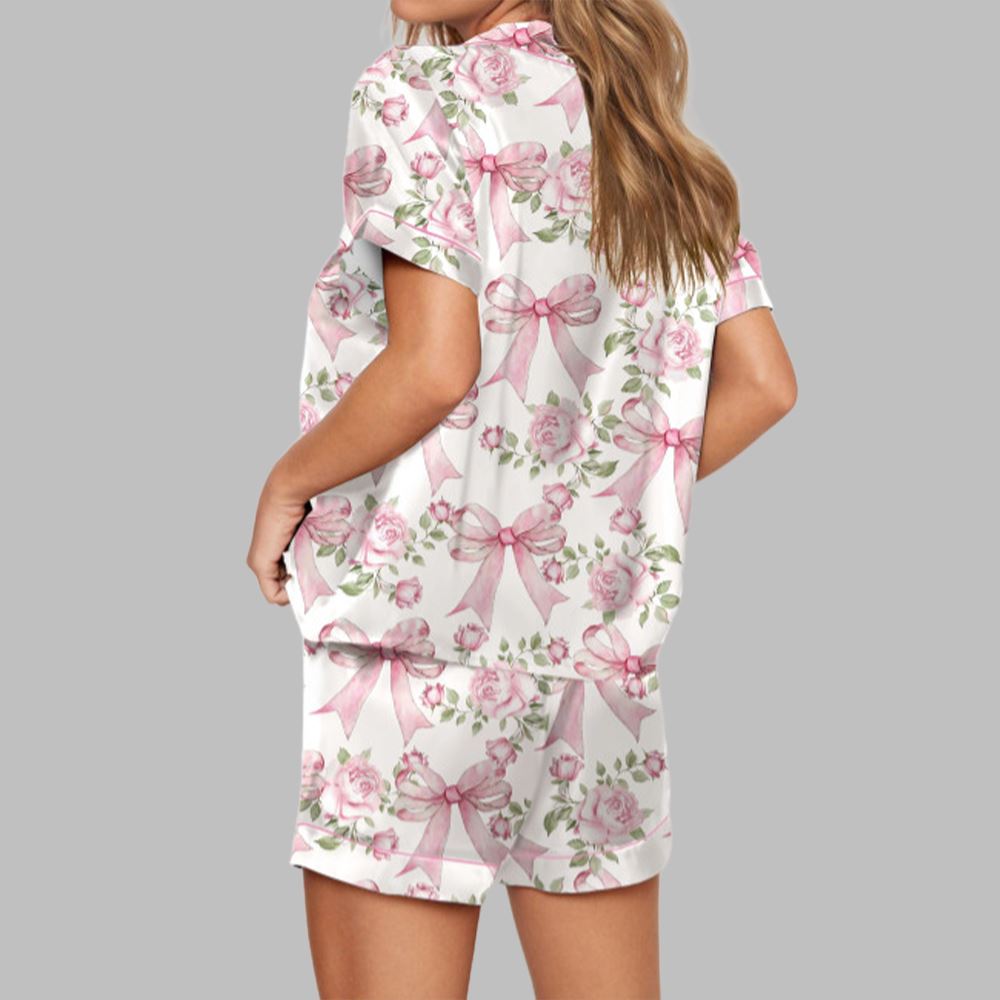 Trendy Pink Coquette Bow Floral Pajama Set For Women - Image 2