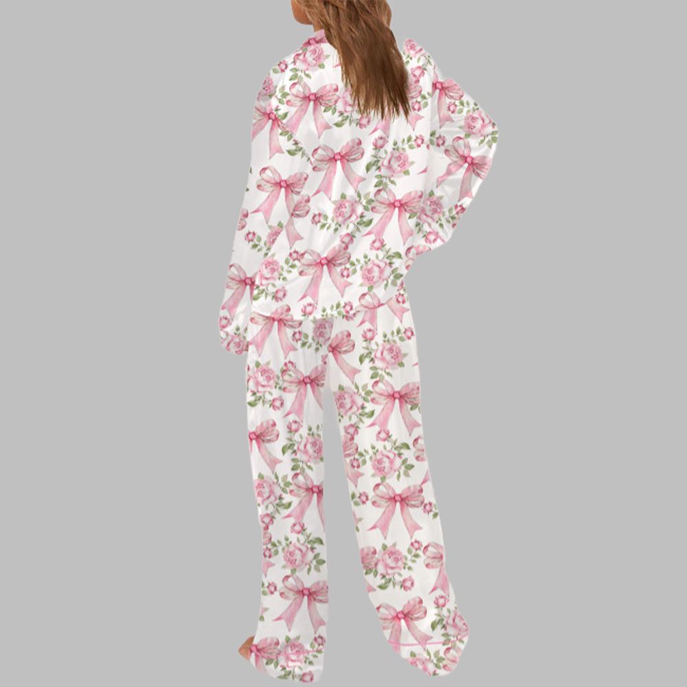 Trendy Pink Coquette Bow Floral Pajama Set For Women - Image 3
