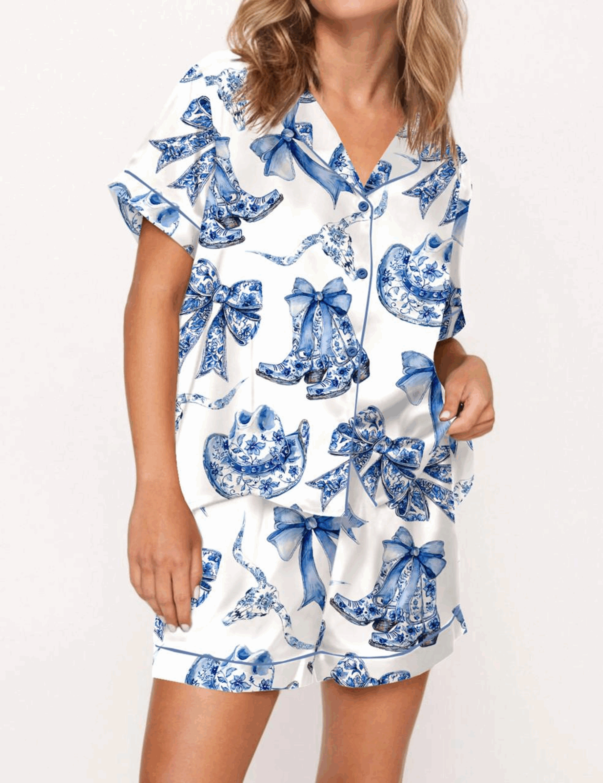 Trendy Western Coastal Cowgirl Silk Satin Pajama Set For Women