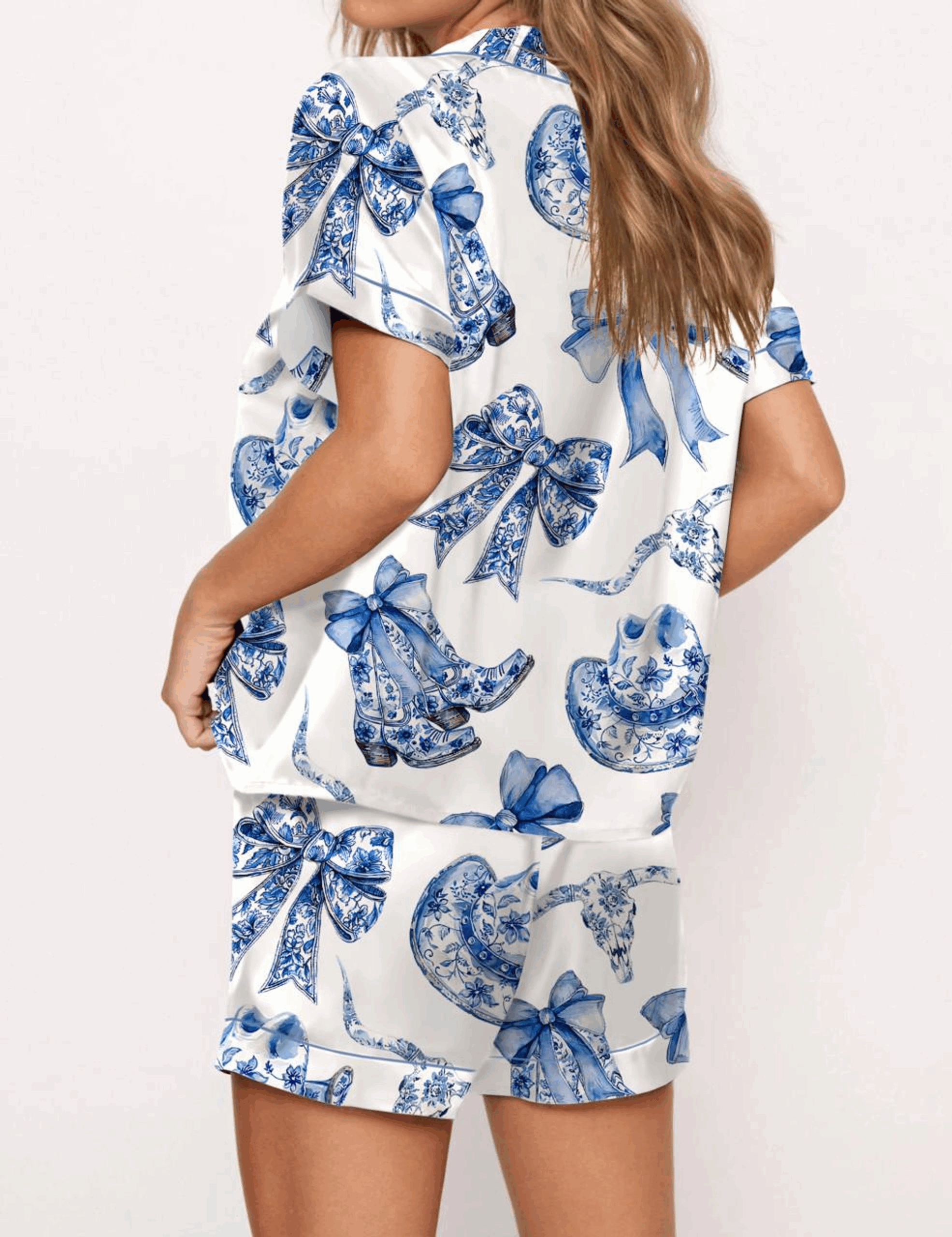 Trendy Western Coastal Cowgirl Silk Satin Pajama Set For Women - Image 3