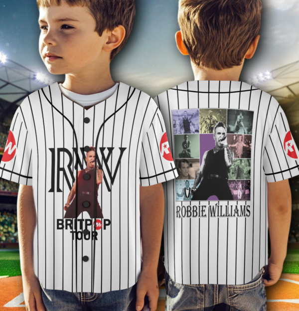 Alternative view of Britpop Fan Tour Retro Concert Baseball Jersey, Robbie Williams Concert