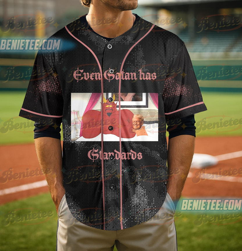 Trump And Satan In Bed Jersey, Donald Trump Devil Baseball Jersey - Image 2