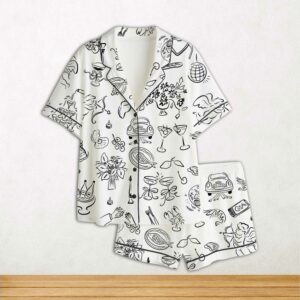 Whimsical Wedding Doodles For Wedding Print Short Sleeve Satin Pajama Set For Women