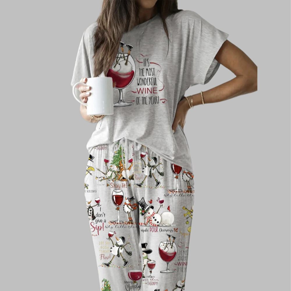 Winey Snowman Casual Pajama Set For Women