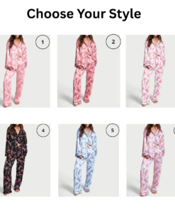 Alternative view of Women 2Pcs Satin Pajamas Loungewear Set Long Sleeve Lapel Neck Bow/Star Print Shirt Tops+Elastic Waist Pants Sleepwear