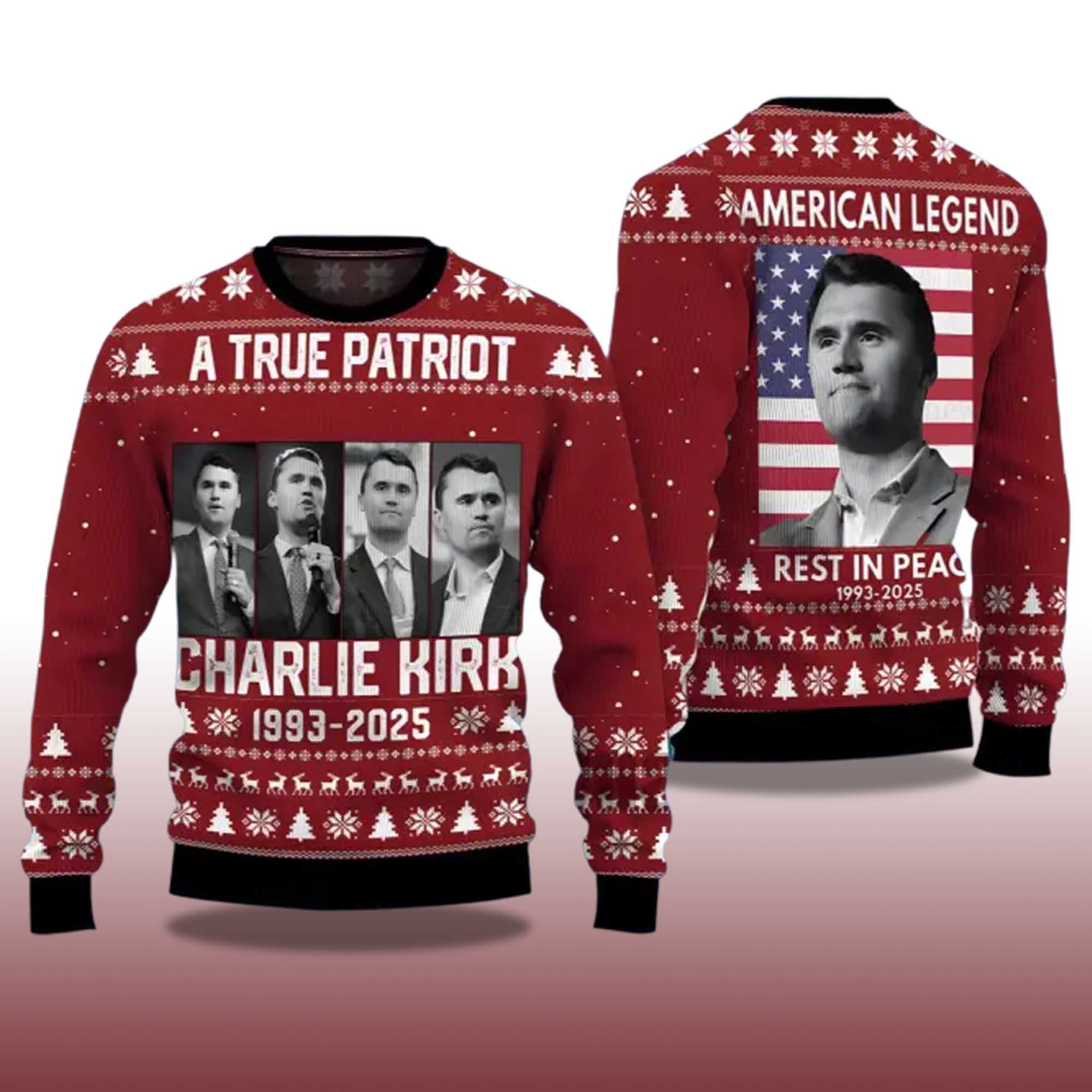 Alternative view of A True Patriot Charlie Kirk 1993-2025 Ugly Christmas Sweater