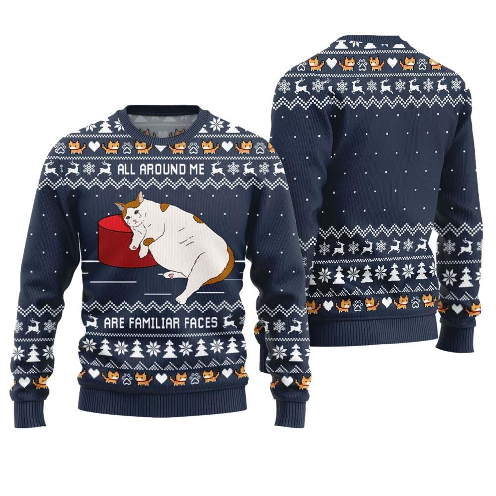 Alternative view of All Around Me Are Familiar Faces Cat Ugly Christmas Sweater - Grishko.com