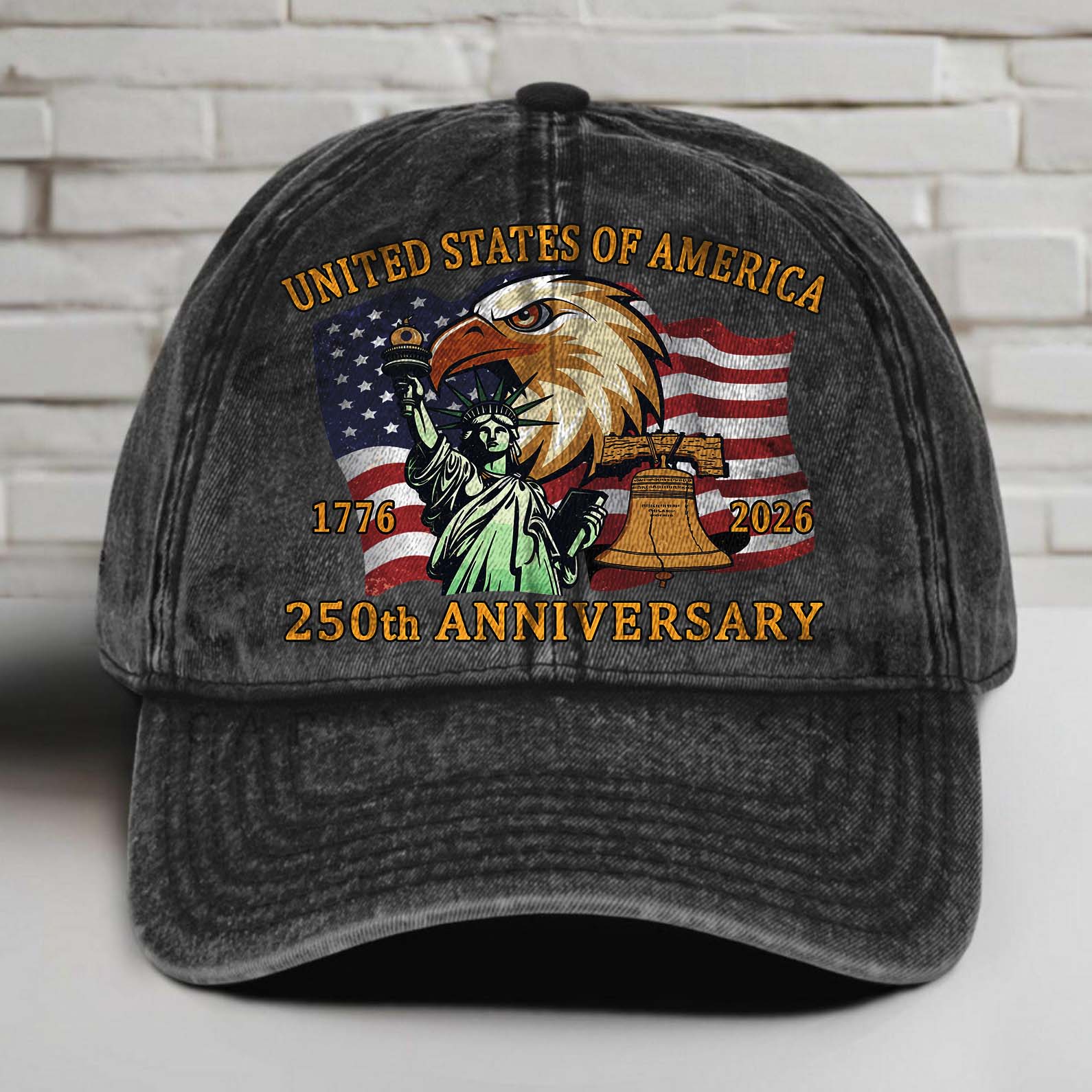 America 250 Years 1776â€“2026 Printed Vintage Washed Denim Baseball Cap | Patriotic 4th of July Hat 683639