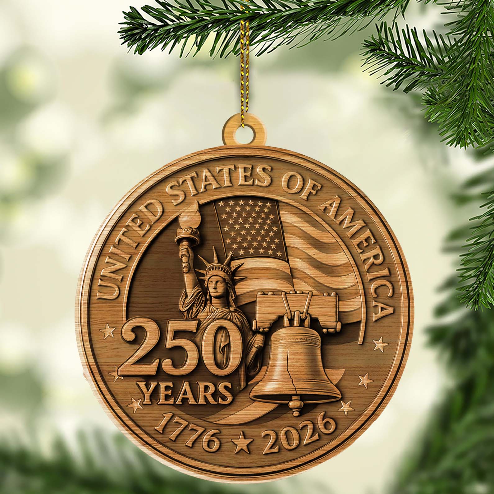 America 250 Years 1776â€“2026 Wood Ornament | USA Patriotic Liberty Bell Decoration | 250th Anniversary Independence Day Christmas Ornament 682757