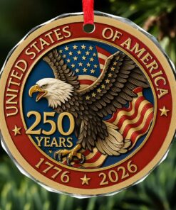 America 250 Years Anniversary Glass Ornament | 1776-2026 Patriotic Christmas Ornament | 250th Years United States of America Ornament