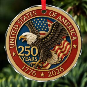 America 250 Years Anniversary Glass Ornament | 1776–2026 Patriotic Christmas Ornament | 250th Years United States of America Ornament 683329