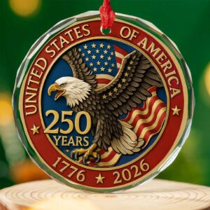 Alternative view of America 250 Years Anniversary Glass Ornament | 1776â€“2026 Patriotic Christmas Ornament | 250th Years United States of America Ornament 683329
