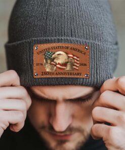 Alternative view of America 250 Years Anniversary Knit Leather Patch Beanie | Print Leather Patch Hat | 250 Years Anniversary Gift