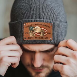 Alternative view of America 250 Years Anniversary Knit Leather Patch Beanie | Print Leather Patch Hat | 250 Years Anniversary Gift 683632
