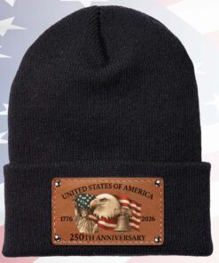 America 250 Years Anniversary Knit Leather Patch Beanie | Print Leather Patch Hat | 250 Years Anniversary Gift