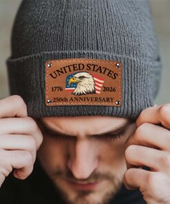 Alternative view of America 250 Years Anniversary Knit Leather Patch Beanie | Print Leather Patch Hat | 250th Years Anniversary Gift