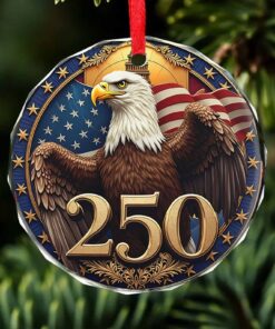 America 250 Years Bald Eagle Glass Ornament | America 250 Anniversary | Happy 250th Birthday USA | Patriotic 4th Of July Glass Ornament For Christmas Decor