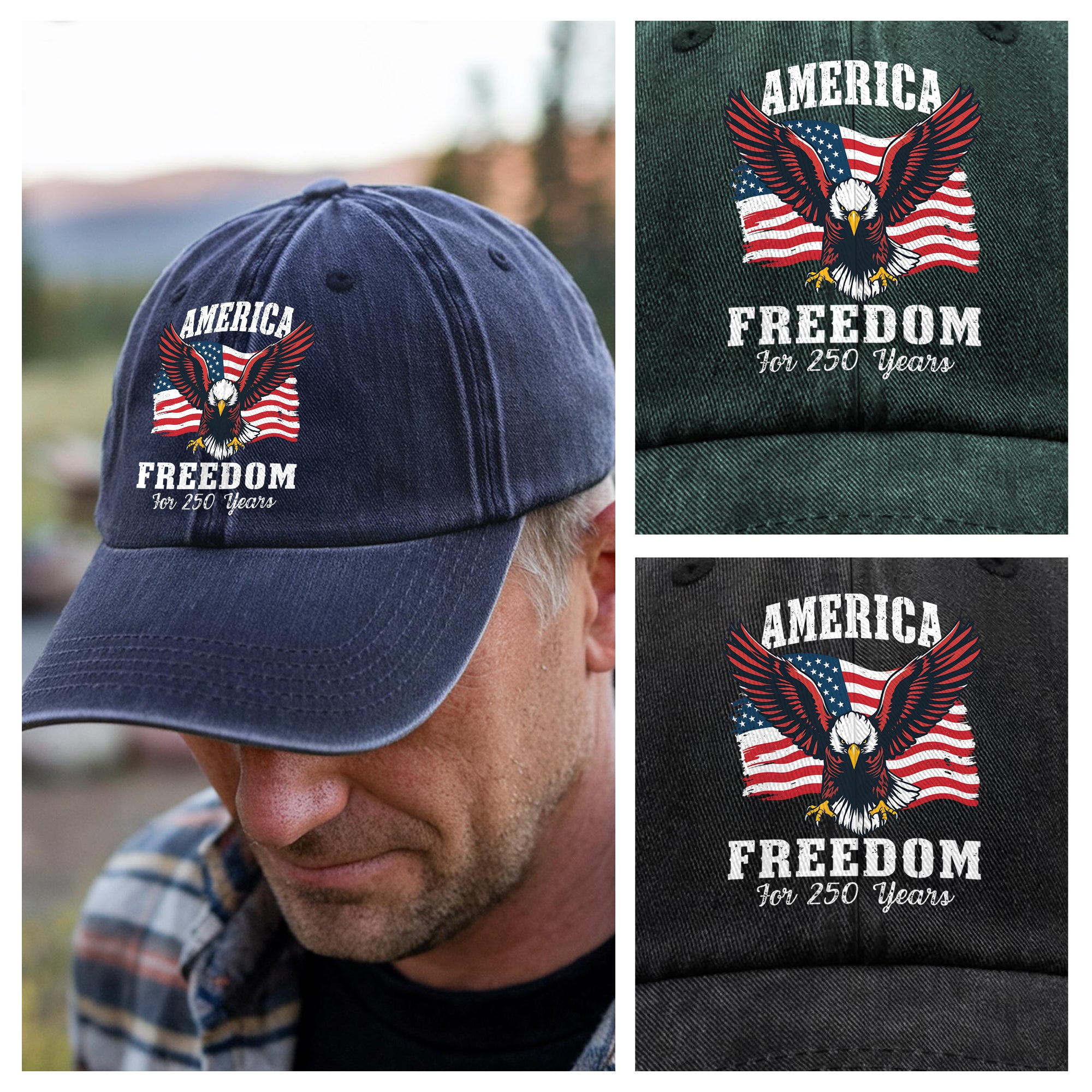 America 250 Years of Freedom Patriotic Eagle Flag Washed Denim Baseball Cap HA75 897346 - Image 4