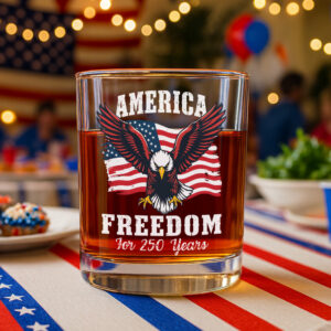 Alternative view of America 250 Years of Freedom Patriotic Eagle Flag Whiskey Glass HA75 897342