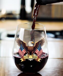 Alternative view of American Eagle and US Flag 250 Years Wine Glass | Happy 250th Birthday USA | Patriotic 4th of July Glass | Independence Day Wine Glass